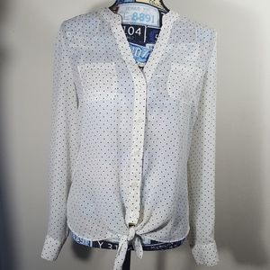 Candie's white polka dot tie front shirt w lace